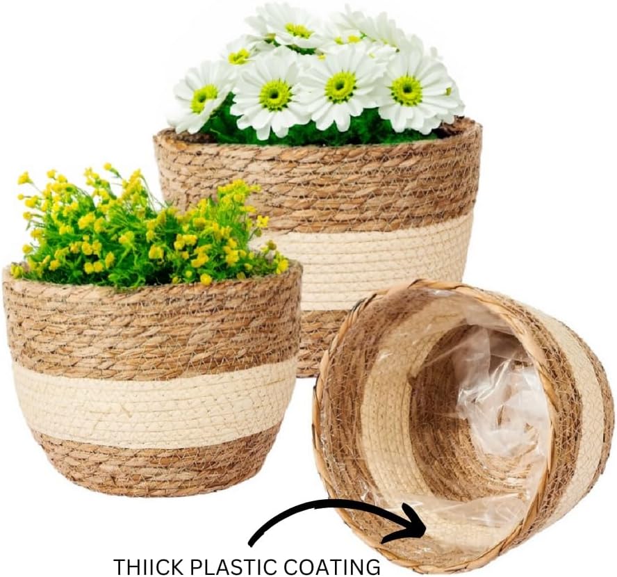 ADEPTNA 3pcs Wicker Plant Basket with Liner – 3 Sizes Seagrass Woven Natural Planter Baskets Home Decorative Plant Pot for Flowers Plants Trees Baskets for Indoor Outdoor Home Decoration